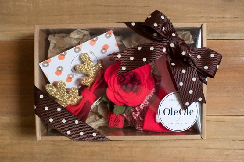 圣诞礼盒 圣诞节礼物 婴儿头带 毛毡花 毛毡布 头带 儿童头带 宝宝头带 发饰 发带 儿童头饰 Hair Clip 发夹 儿童发夹 - 满月礼盒 - 其他材质 红色