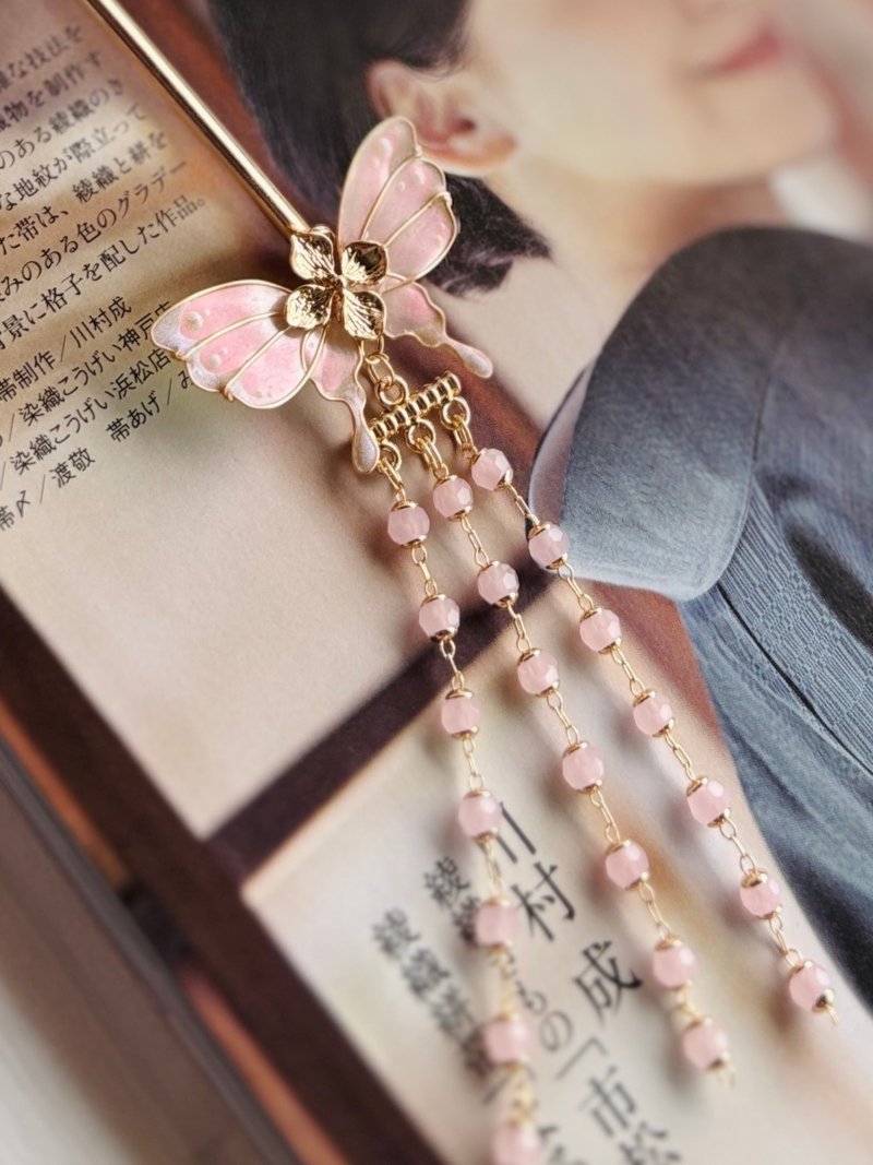 粉红粉蝶珠帘发簪 一只贩售 - 发饰 - 树脂 粉红色