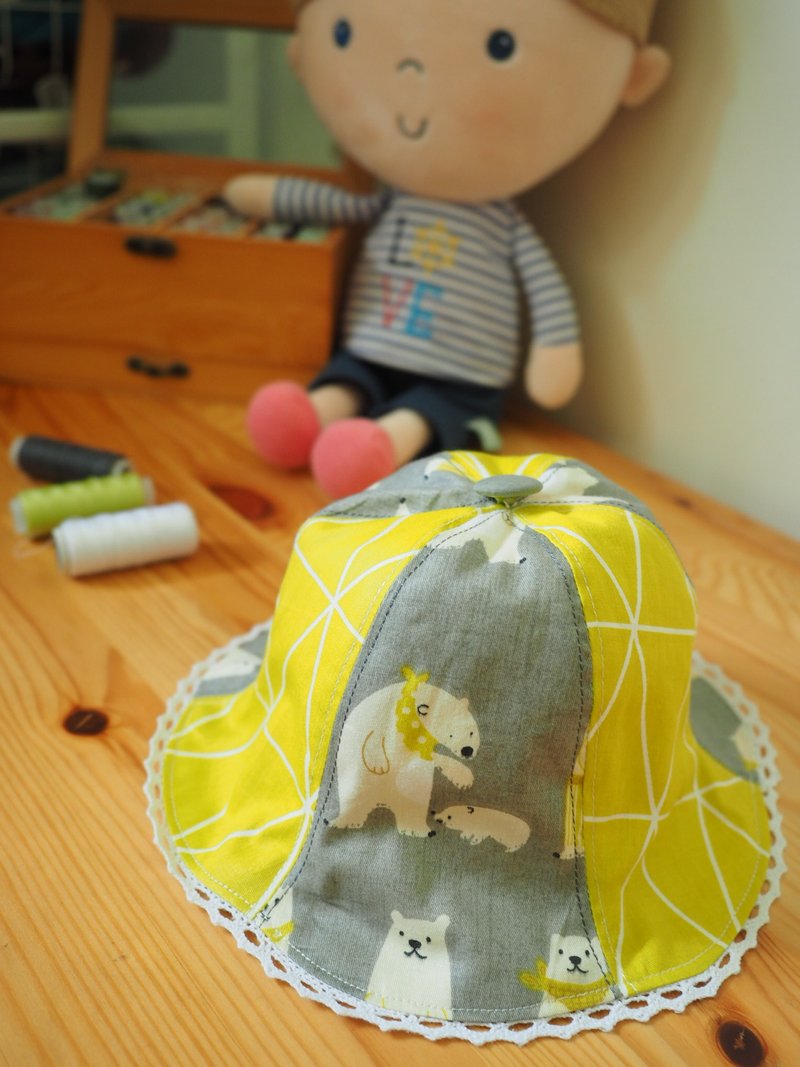 手作双面灰色北极熊拼几何图案棉质双面帽子 尺寸适合小童成人 - 帽子 - 棉．麻 灰色