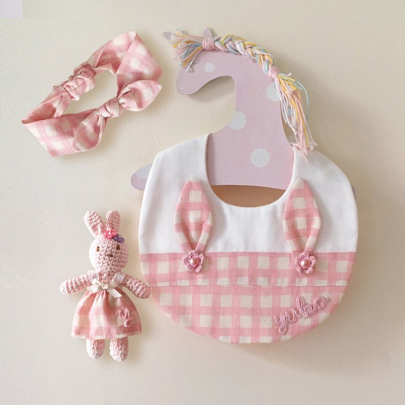 兔子洋装围兜(含发带)/可订制名字/日本6层纱/不含兔子 - 围嘴/口水巾 - 棉．麻 粉红色