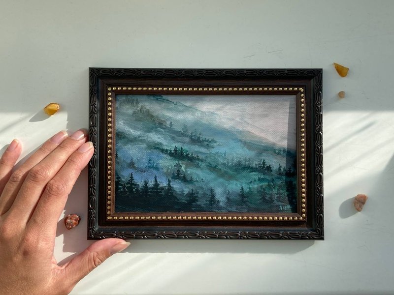 风景画 风景画 Foggy Mountains Framed Painting 雾画 作为相框礼物 - 海报/装饰画/版画 - 棉．麻 灰色