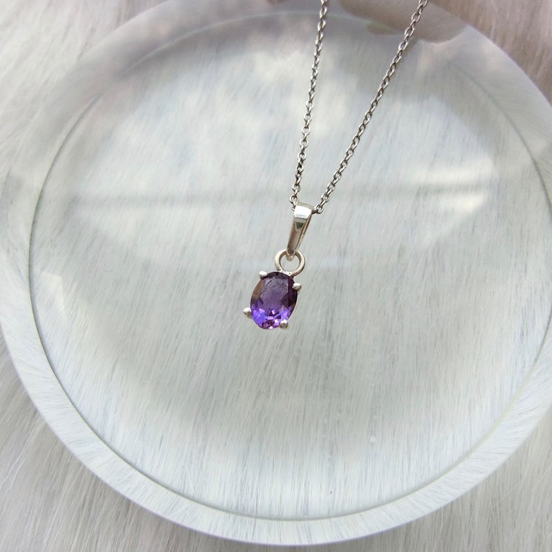 紫水晶925纯银爪镶项链 尼泊尔手工银饰 - 项链 - 宝石 银色