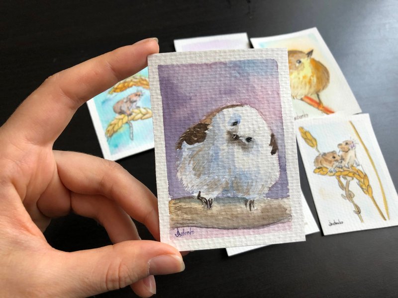 Chickadee Painting Bird Original Art Tiny Bird Watercolor ACEO Sparrow Artwork - 海报/装饰画/版画 - 纸 紫色