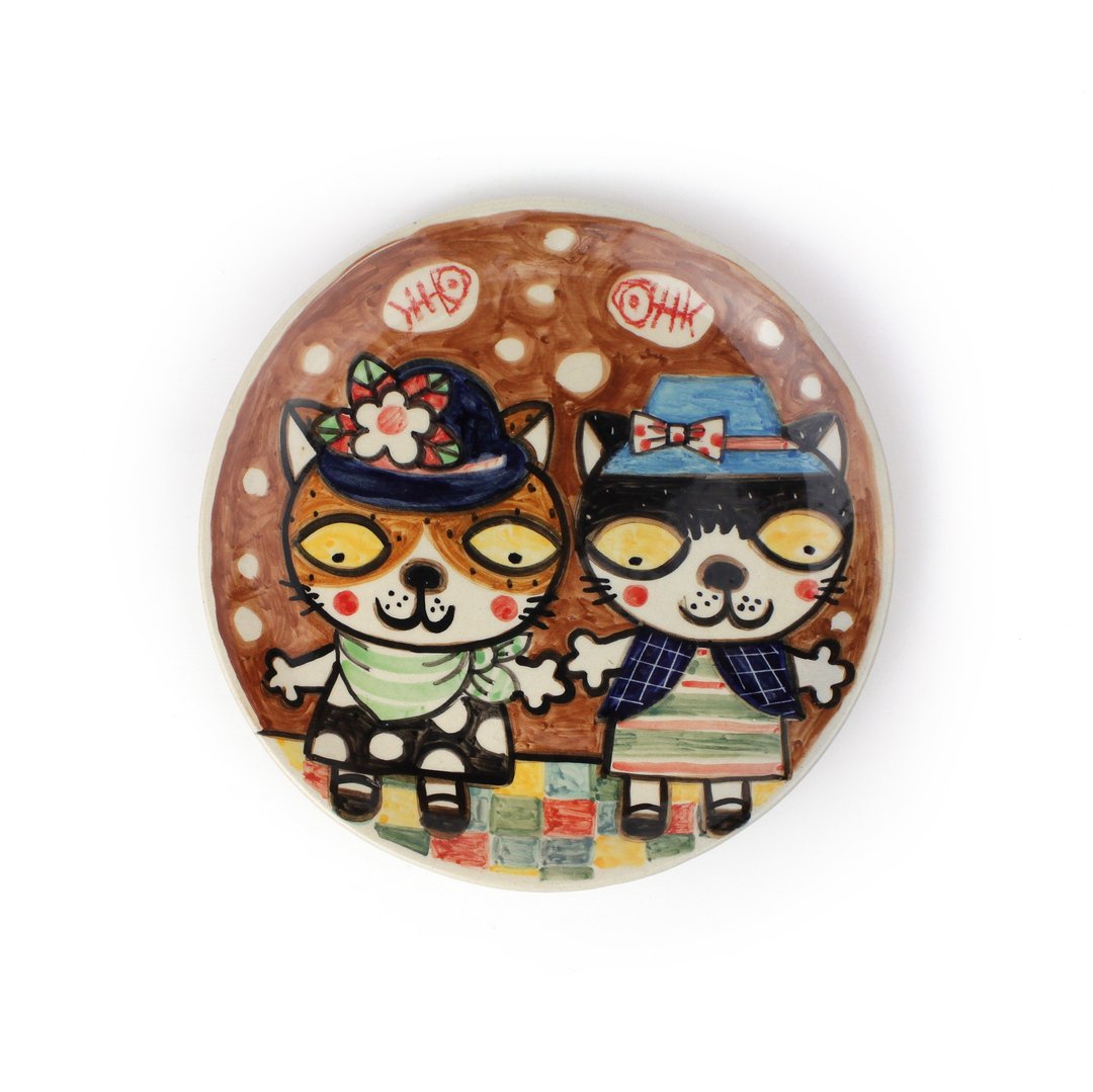 Nice Little Clay 手工大浅盘 可爱猫 03011-18 - 浅碟/小碟子 - 陶 白色