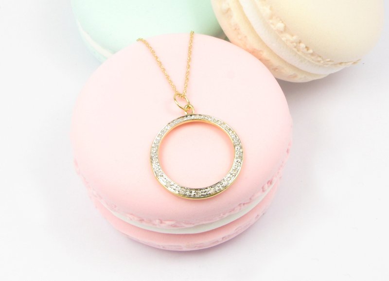 14K 黄金色圆形光环镶嵌小钻吊坠项链 (包邮) - 项链 - 钻石 黄色