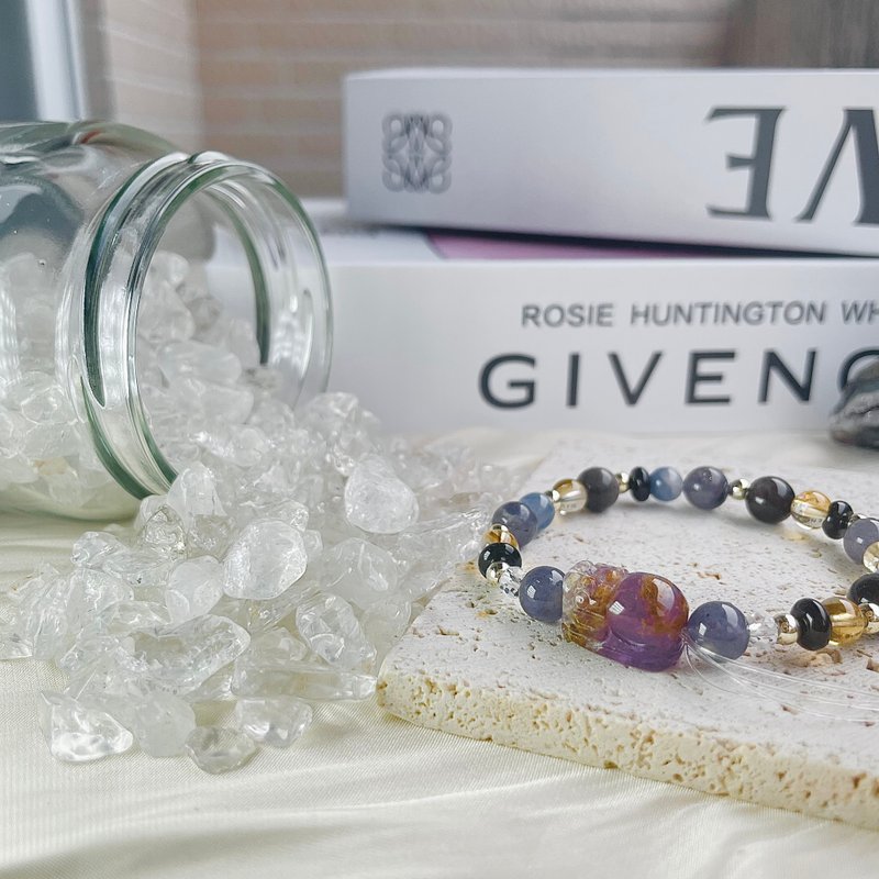 紫幽灵貔貅 开运手链 招财水晶 堇青石 蓝晶石 黄水晶 黑玛瑙 - 手链/手环 - 水晶 多色