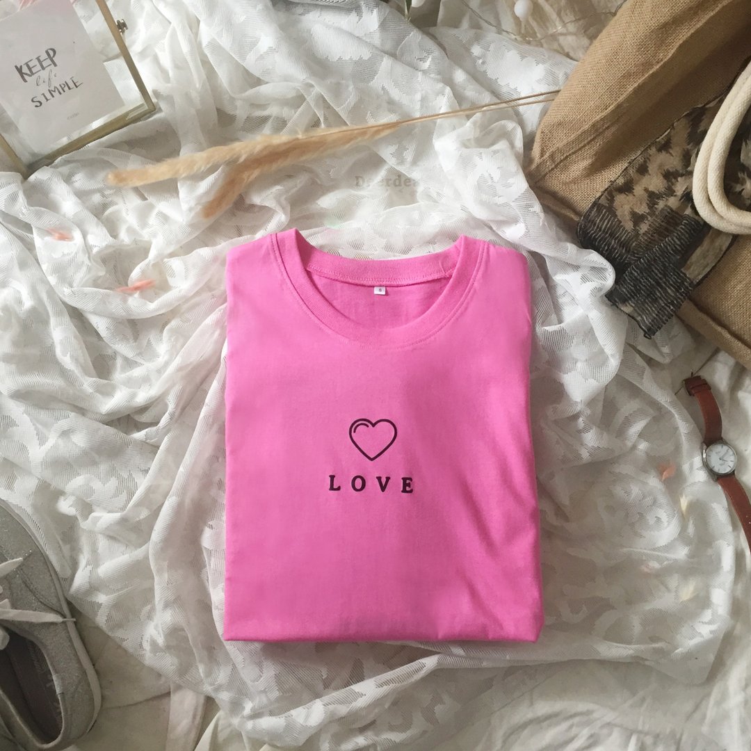 Pink shirt, 100% cotton, Love design - 女装 T 恤 - 棉．麻 粉红色