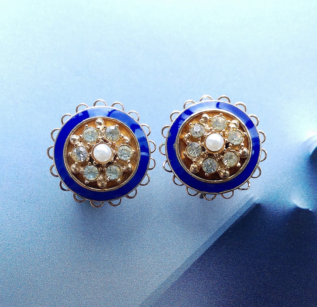 Vintage Jewelry 西洋古董饰品 摩登 蓝珐琅 珠钻 夹式耳环 - 耳环/耳夹 - 其他金属 银色