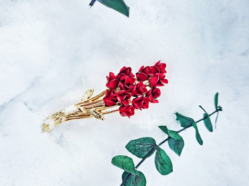 DM红玫瑰花束胸针含原厂盒【美国古董老件时尚珠宝】 - 胸针 - 其他材质 红色