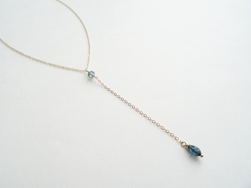 蓝色系迷你碧玺美国 14K 包金裸感 Y 字链 - 项链 - 宝石 蓝色