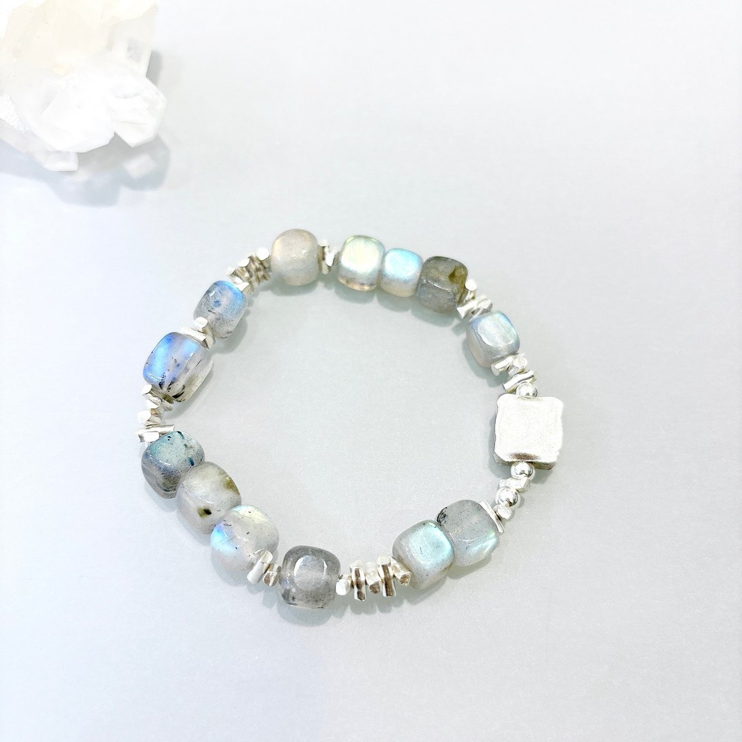 Ops Labradorite bracelet -拉长石/纯银/幸运/限定/925纯银/弹性 - 手链/手环 - 宝石 银色