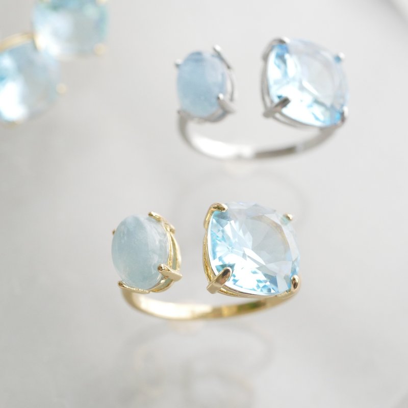 【清爽高雅】海蓝宝石 冰蓝色开口式戒指 镀金 3 月诞生石 尺寸可调 - 戒指 - 其他金属 蓝色