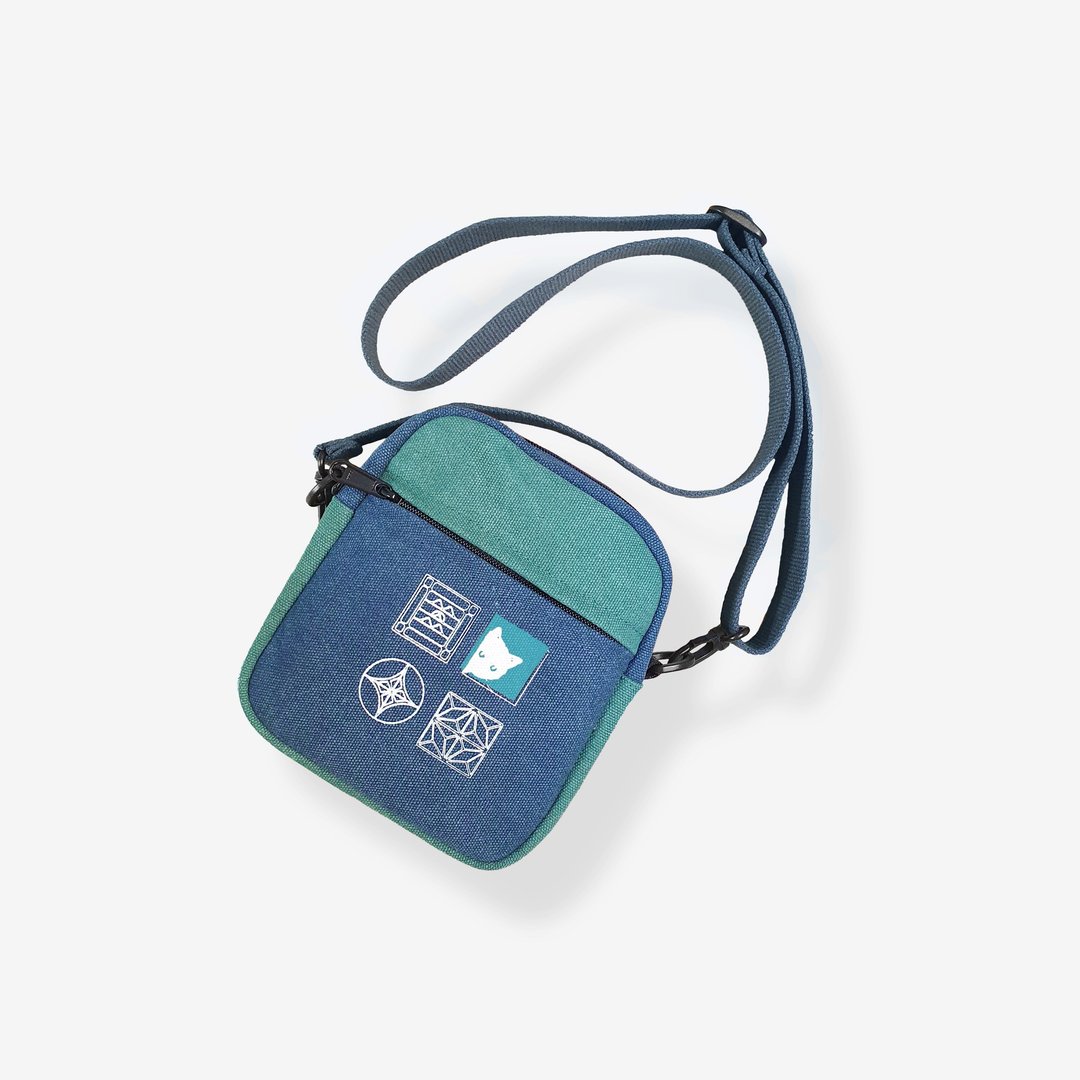 猫毛 撞色拼接方块包 手工绢印帆布包 斜背包 / 铁窗花 - 侧背包/斜挎包 - 棉 