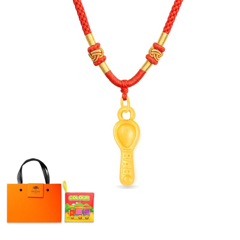 【童乐绘金饰】999黄金 迷你金汤匙吊坠 儿童编织项链礼盒 - 满月礼盒 - 24k 金 金色