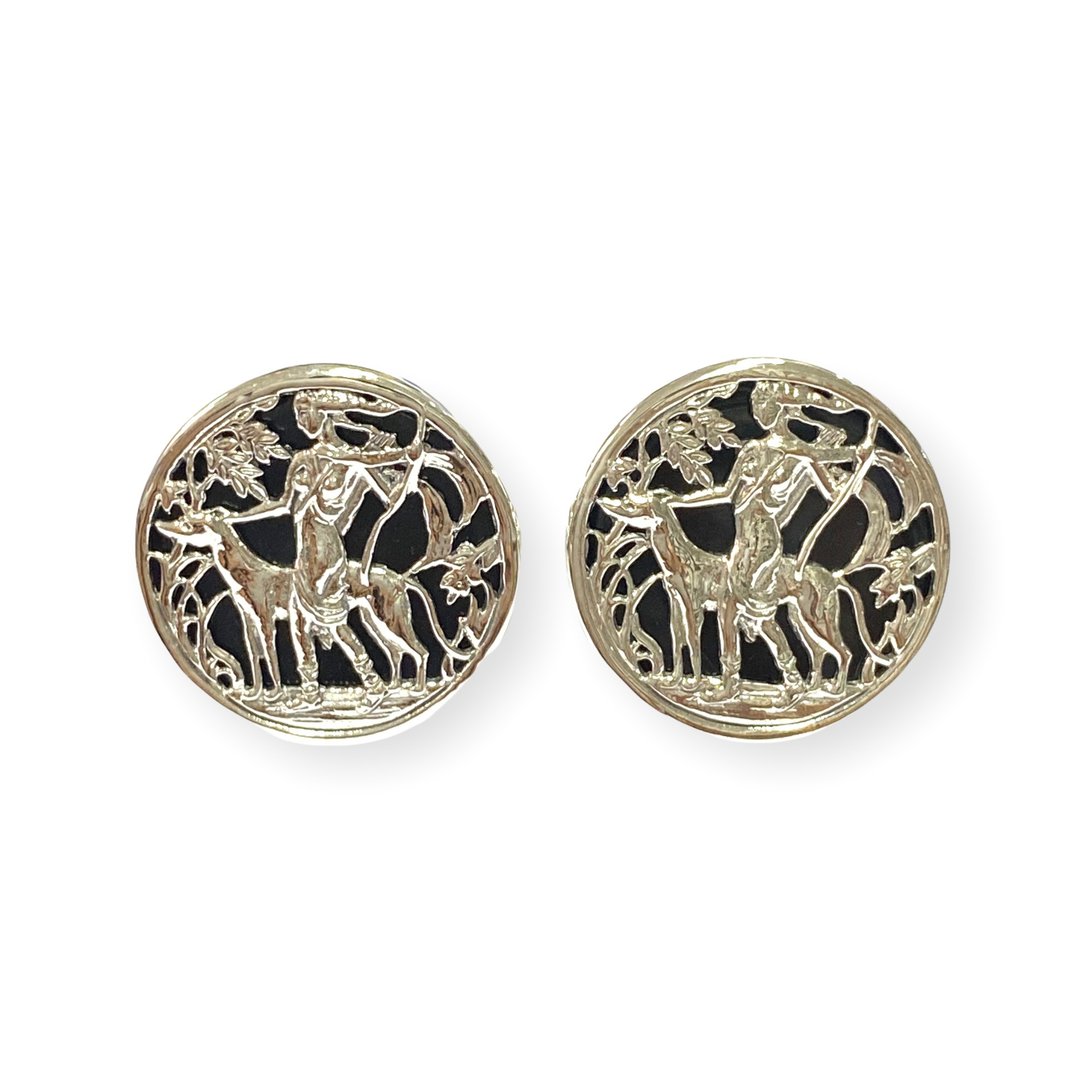 Antique Style Archer Deer Onyx Wedding Cufflinks For Groom 925 Sterling Silver - 袖扣 - 纯银 黑色