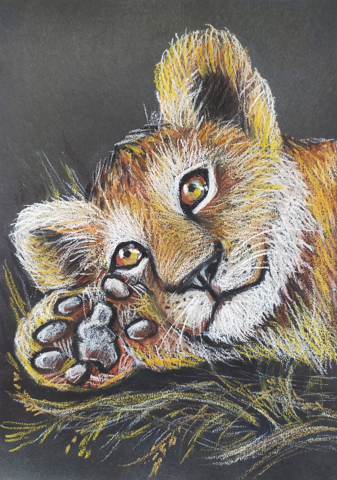 Dreamy lion cub painting animal art oil pastel portrait art - 墙贴/壁贴 - 纸 咖啡色