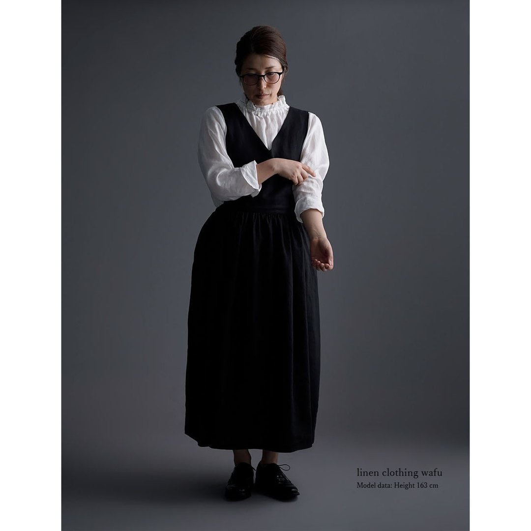 wafu --Women's Suspenders Linen Overall Dress / Black a001b-bck1 - 洋装/连衣裙 - 棉 黑色