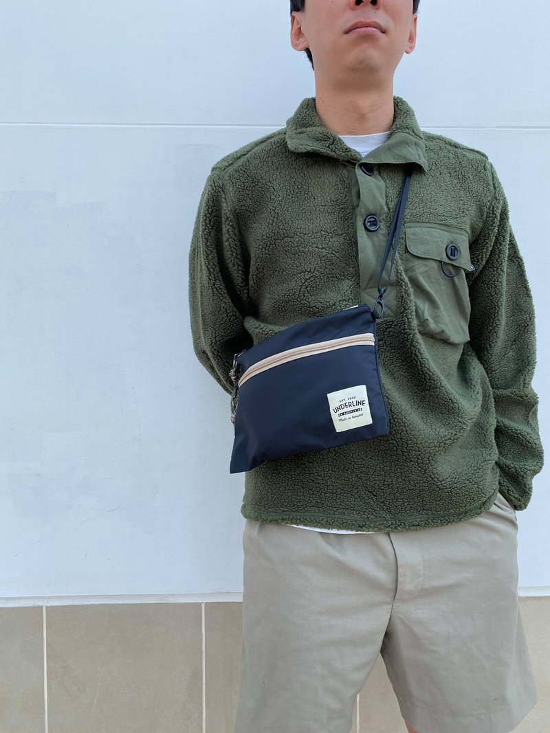 Two Zipper Black Ripstop Sacoche bag / daily use / light weight / clutch - 侧背包/斜挎包 - 尼龙 黑色