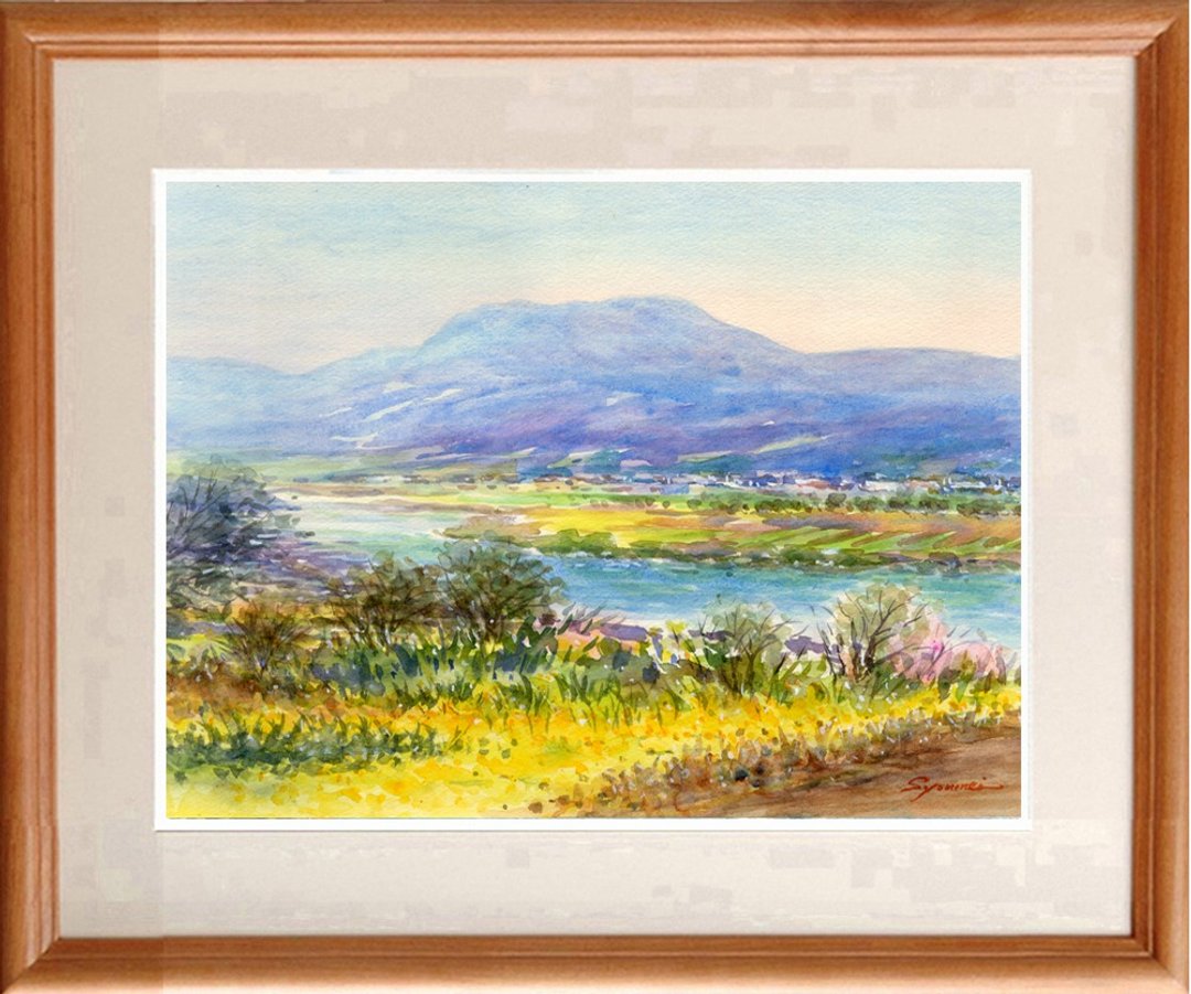 Watercolor painting original picture North Shinano scenery Chikuma River - 海报/装饰画/版画 - 纸 黄色