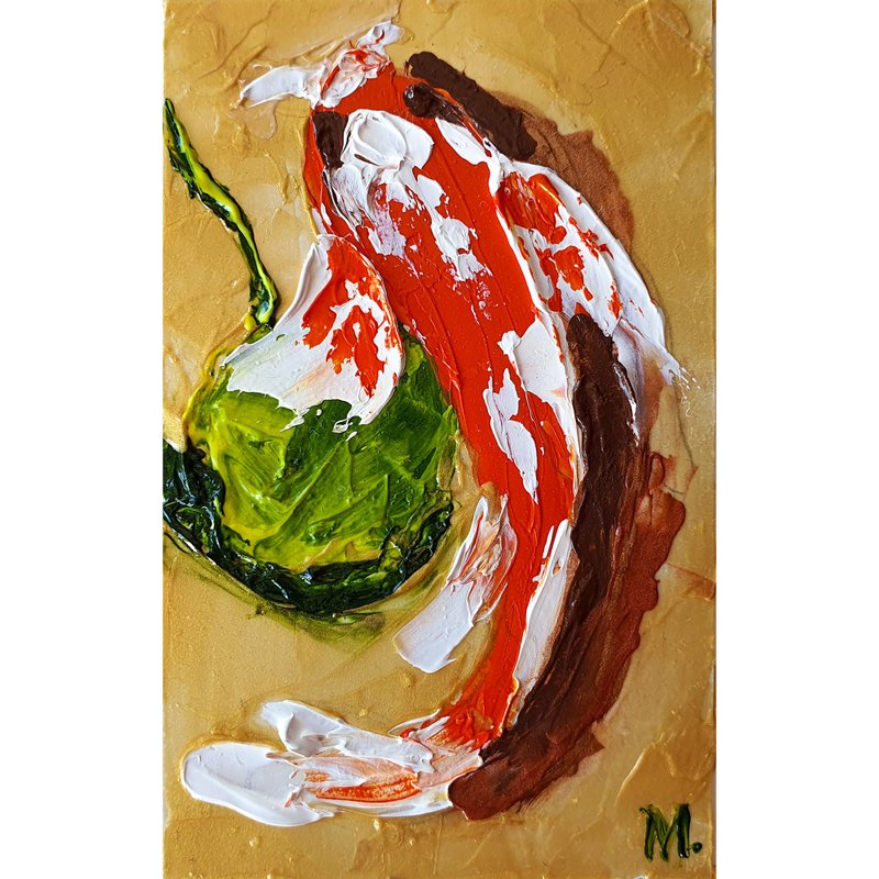 Fish Painting Goldfish Original Art Animal Wall Art Aquarium Underwater Artwork - 海报/装饰画/版画 - 其他材质 橘色