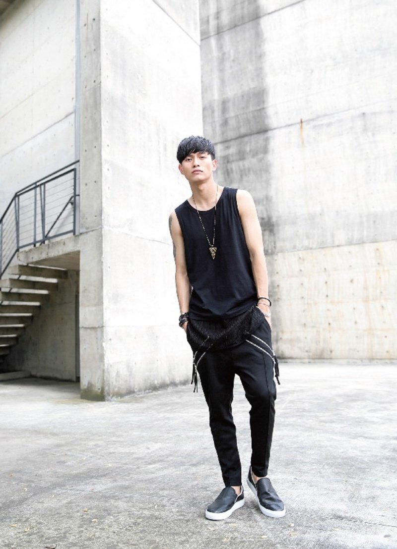 下摆圆网背心(黑) #8708 - 男装背心 - 棉．麻 黑色