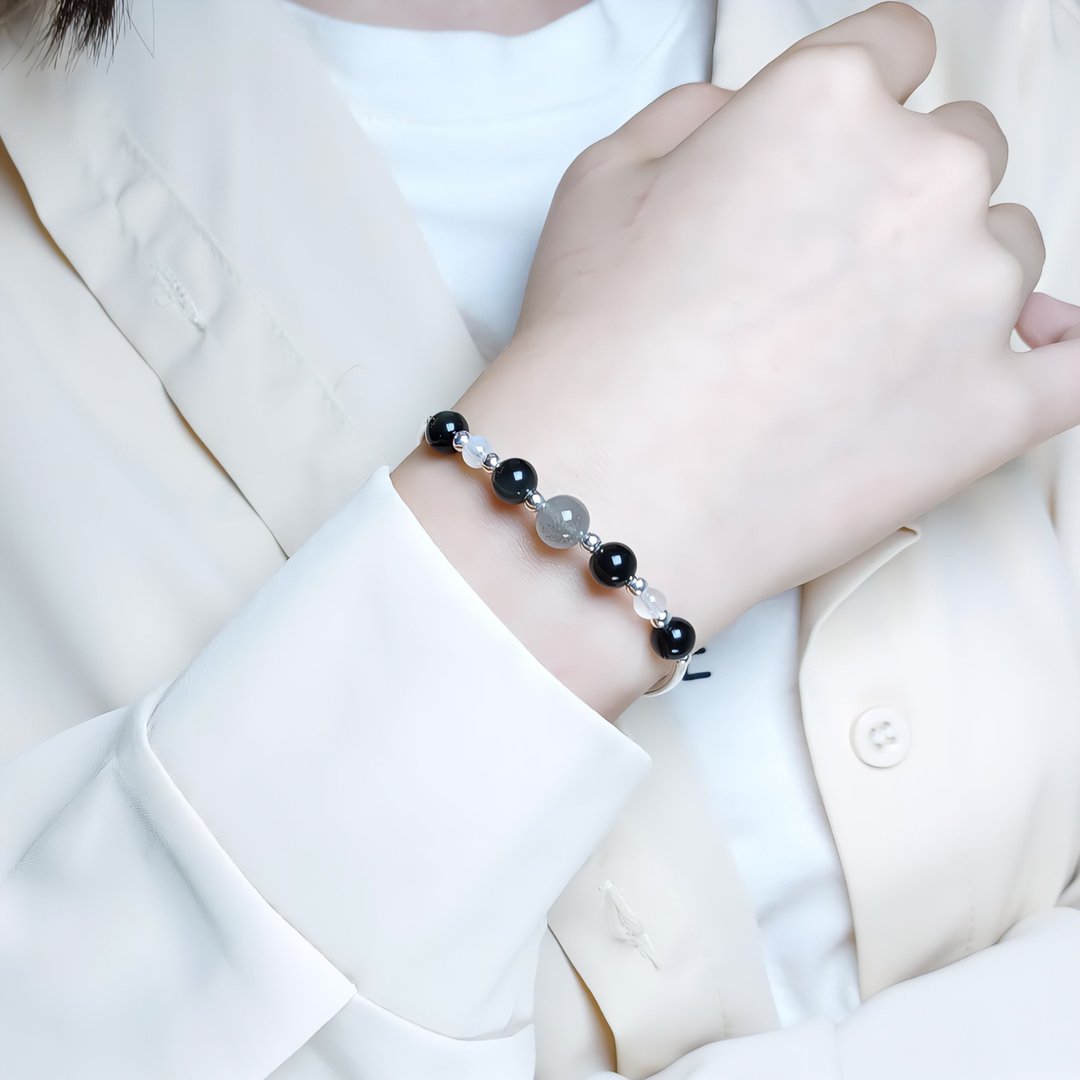 s925 纯银 月光石 拉长石 彩虹黑曜手链 | 手作定制 项链 耳环饰品 - 手链/手环 - 水晶 