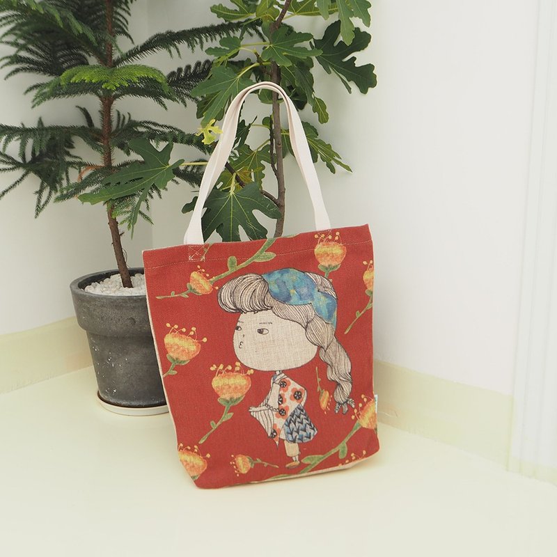 故宫红大花背景插画托特包 - 手提包/手提袋 - 棉．麻 红色
