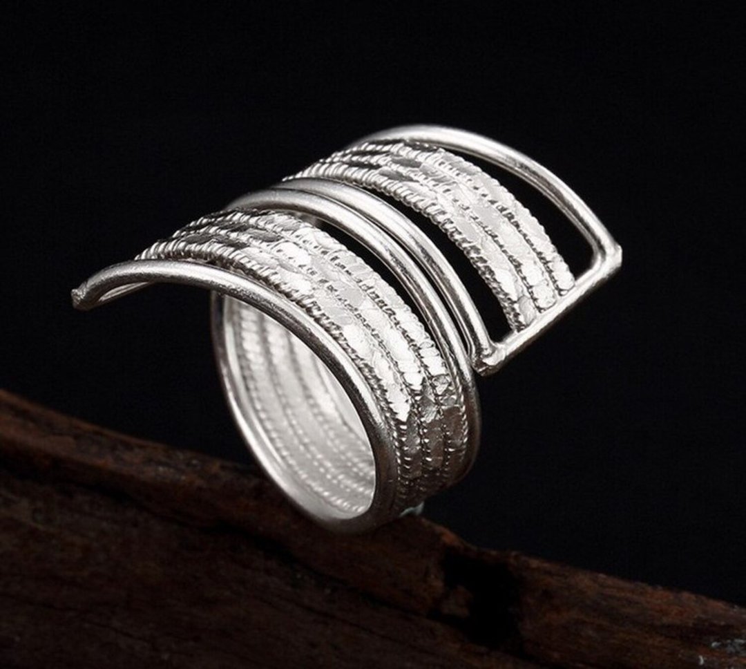 Real 925 Sterling Silver Handmade Ethnic Open Finger Rings Women Exaggerated - 戒指 - 银 银色