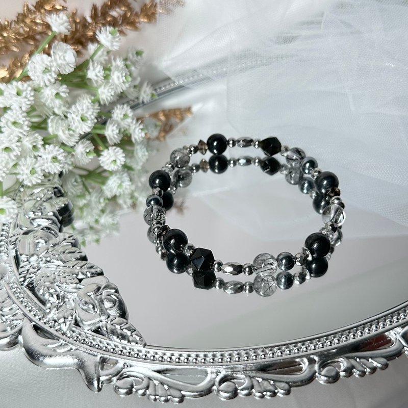 男神款权杖骑士能量手串 - 铁舒俱莱石、黑曜石、黑发晶 - 手链/手环 - 水晶 黑色