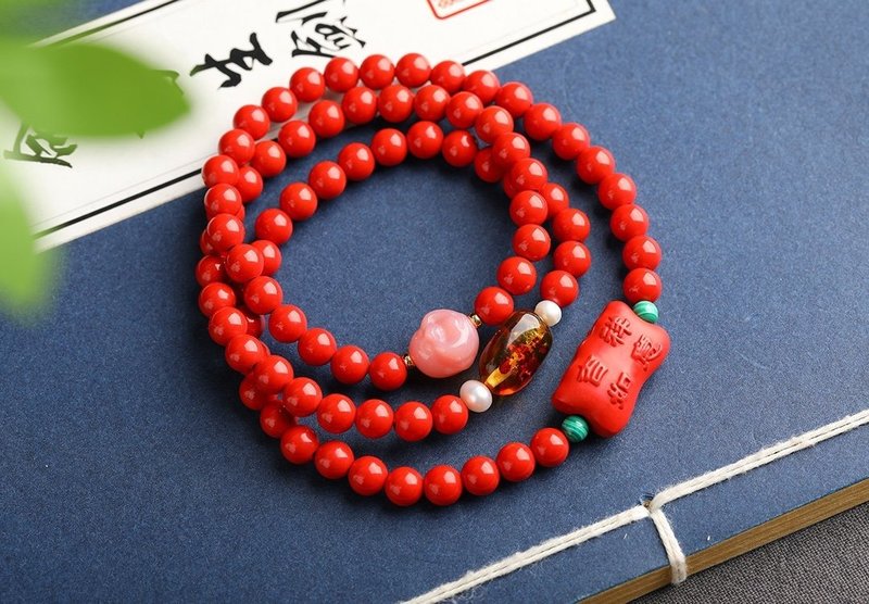 天然原矿朱砂精品红砂三圈手链含量95%以上6mm - 手链/手环 - 宝石 