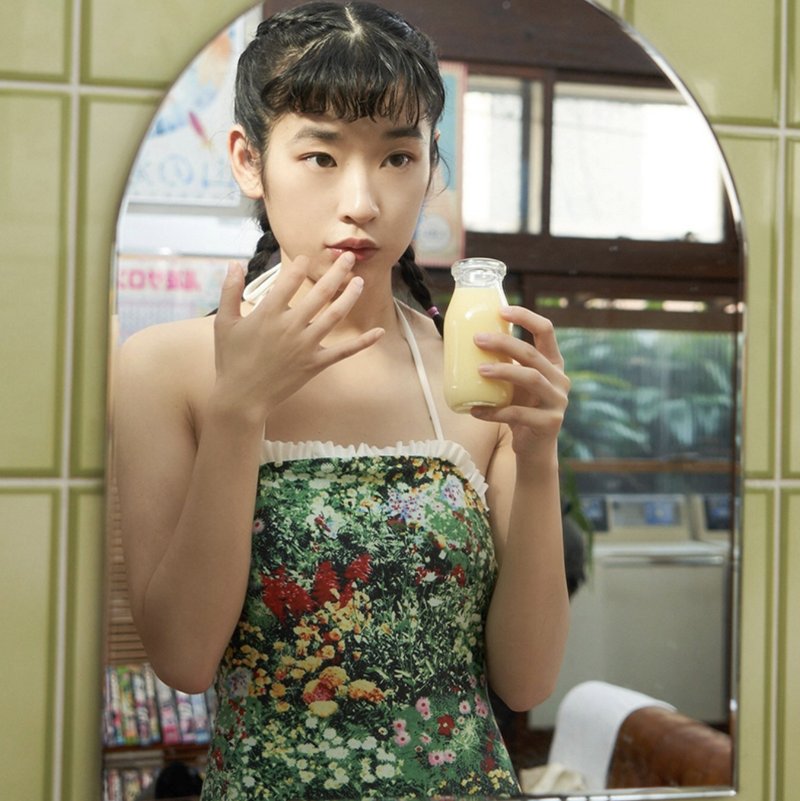 温泉友旅 昭和年代 森林印花 荷叶边 挂脖连体泳衣 - 女装泳衣/比基尼 - 其他材质 绿色