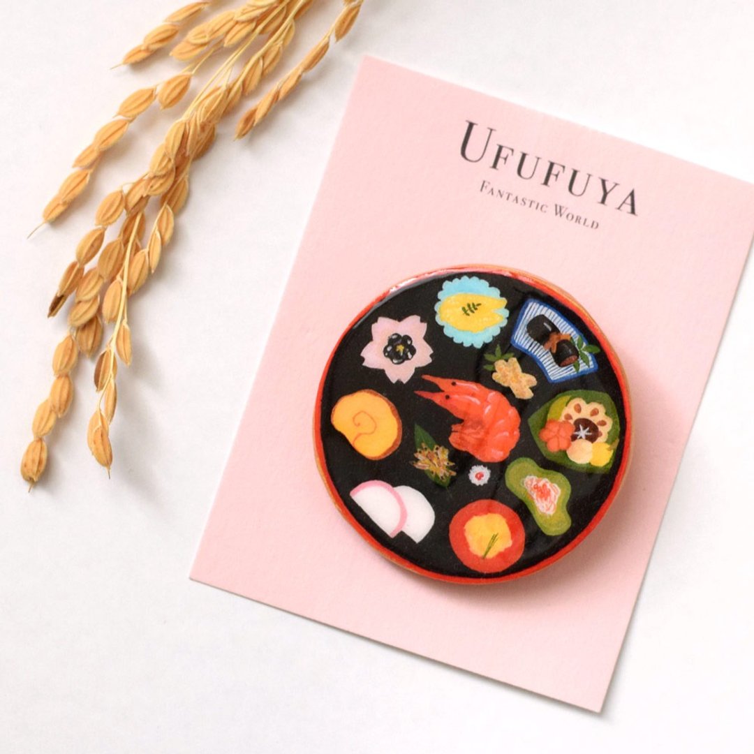Osechi dishes brooch, Japanese food, Fantastic brooch - 胸针 - 粘土 黑色