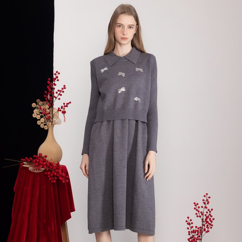 【Icare】优雅小蝴蝶结针织背心洋装 - 两件套 (F) | 套装洋装 - 洋装/连衣裙 - 聚酯纤维 灰色