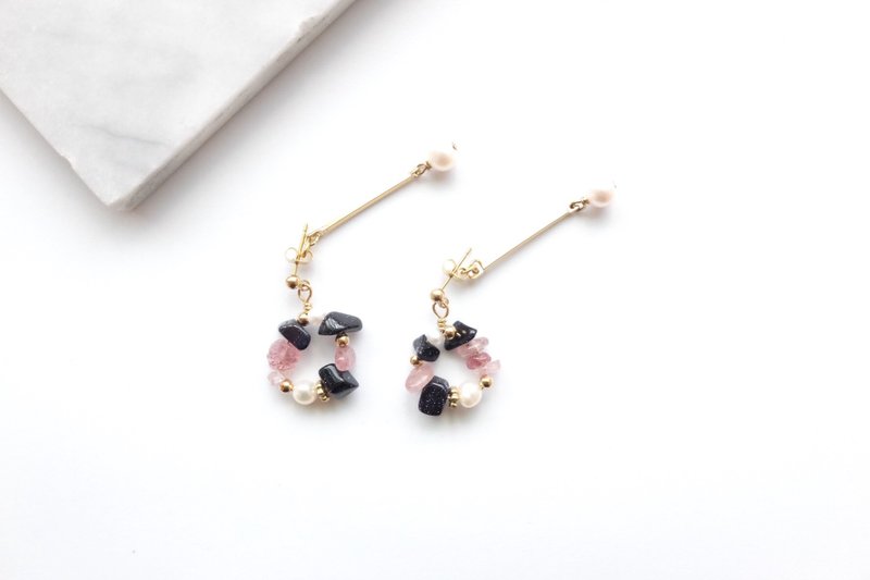 黄铜耳环 | 蓝砂石 | 草莓晶 | 天然珍珠  耳针/耳夹 - 耳环/耳夹 - 铜/黄铜 