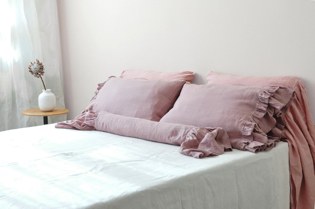 70 colors bolster ruffled linen pillow cover | Custom pillowcase with ruffles - 枕头/抱枕 - 亚麻 多色