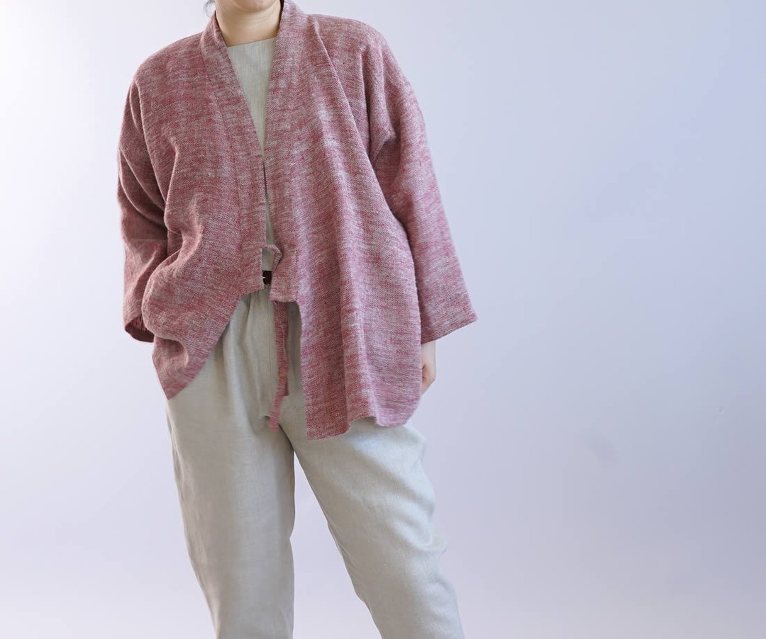 wafu   linen cardigan / worm raised fabric linen / outerwear / red  b37-3 - 女装休闲/机能外套 - 棉．麻 红色