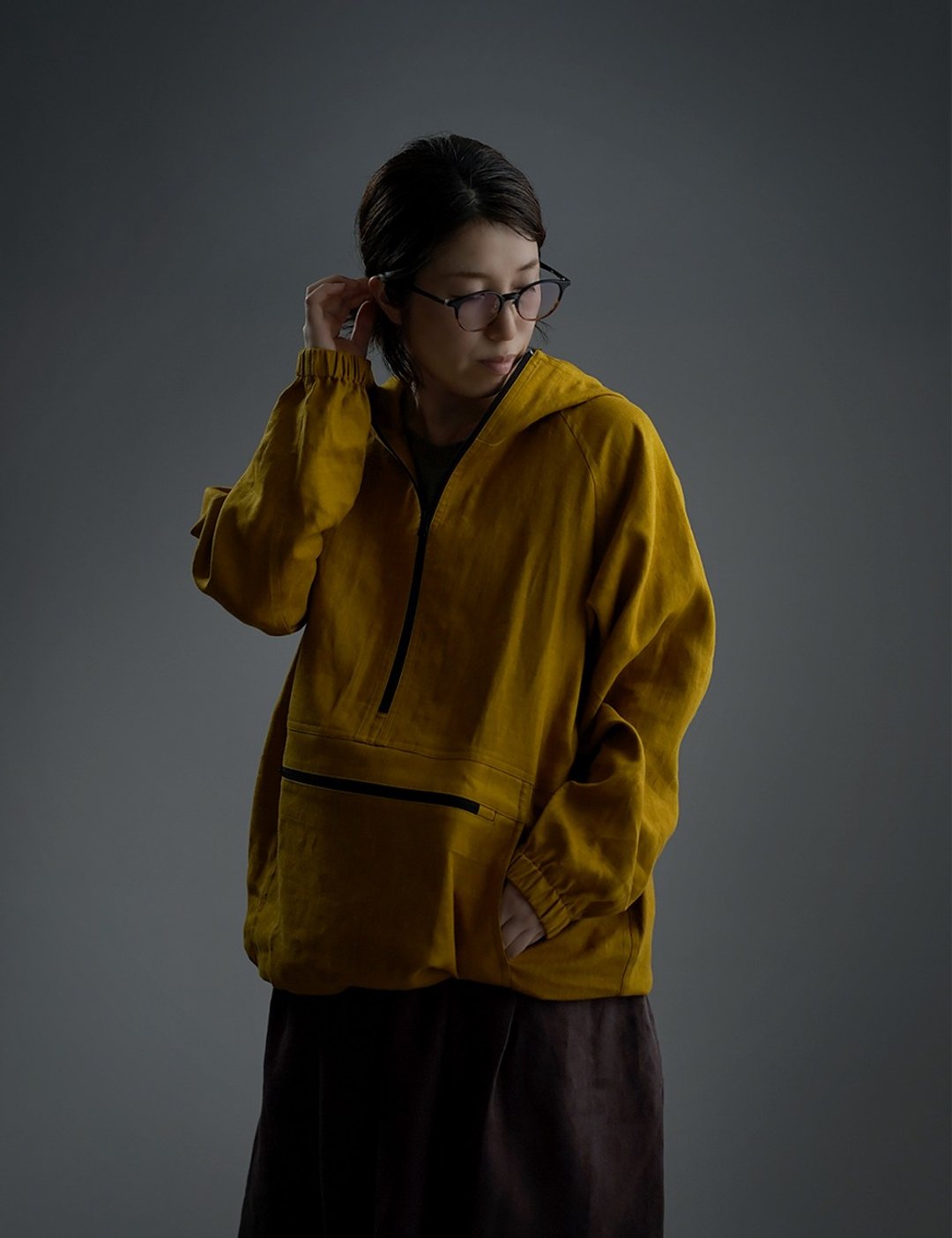 wafu Linen hoodie / outer wear / long sleeves / mustard h053b-mtd2 - 女装休闲/机能外套 - 棉 黄色