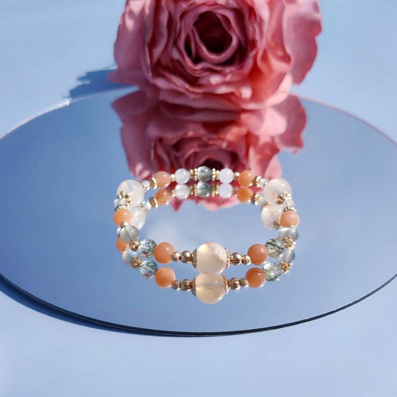 忽如远客。樱花玛瑙 绿发晶 太阳石 14K包金 水晶矿石设计手链 - 手链/手环 - 水晶 橘色