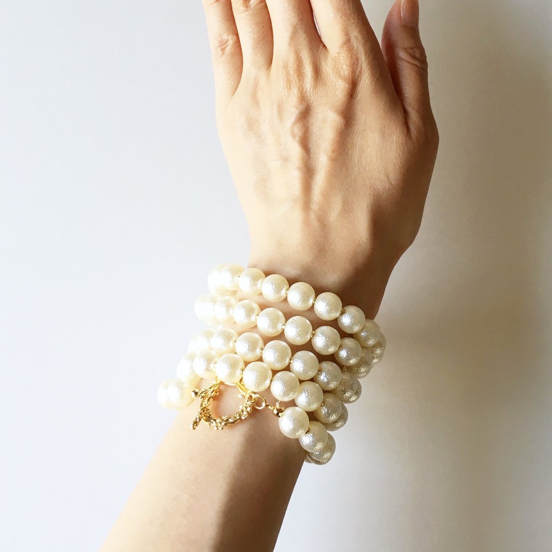 3WAY Pearl Beads Long Necklace Gold version 10mm (96cm / 10mm round beads) - 手链/手环 - 塑料 白色