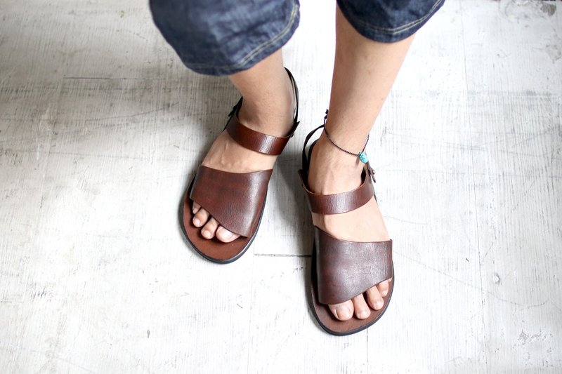 OMAKE 全牛皮片状弧线凉鞋 深棕 - 男女凉鞋 - 真皮 咖啡色