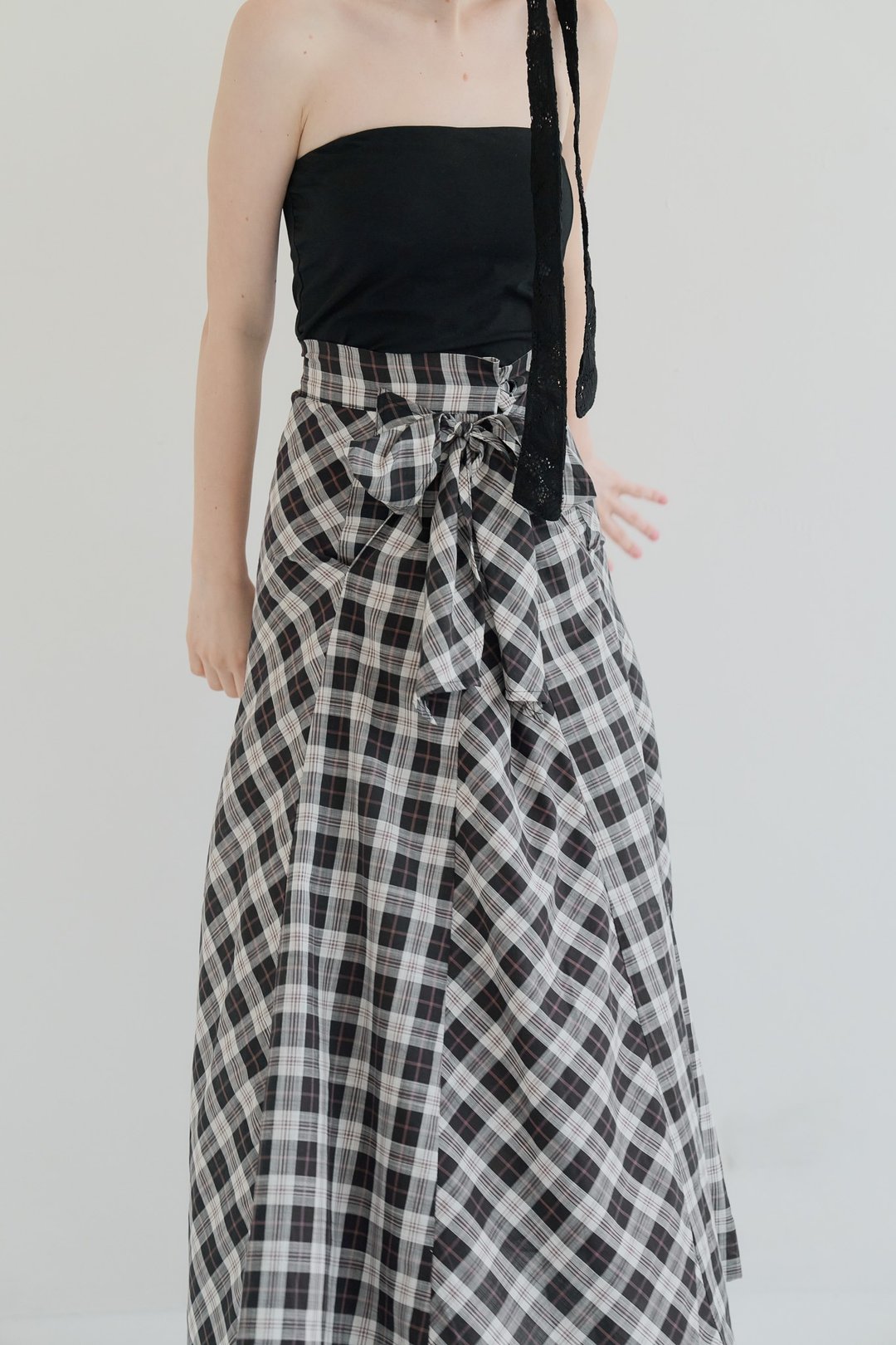 plaid bias maxi skirt 格纹斜裁长裙 black 黑 - 裙子 - 棉 多色