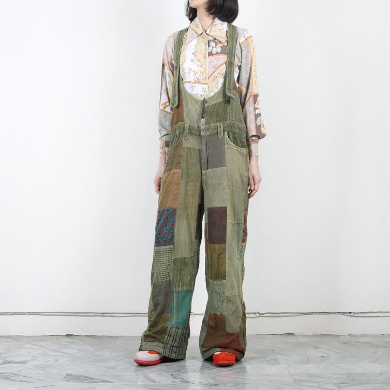 【蛋植物古着】森仙子灯芯绒拼布宽松古着吊带裤 - 背带裤/连体裤 - 棉．麻 绿色