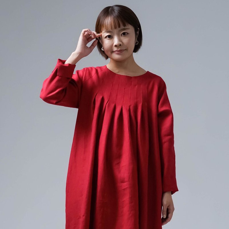 wafu [Linen dress] Vividly attractive dress / red red a002f-akb1 - 洋装/连衣裙 - 棉．麻 红色