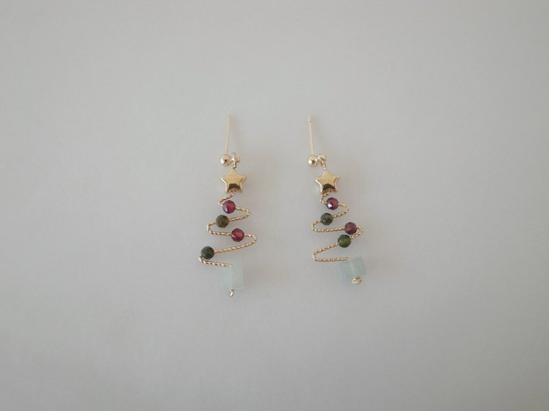 圣诞礼物【耳环 】14K 注金 包金 天然石 圣诞树耳环 - 耳环/耳夹 - 水晶 紫色