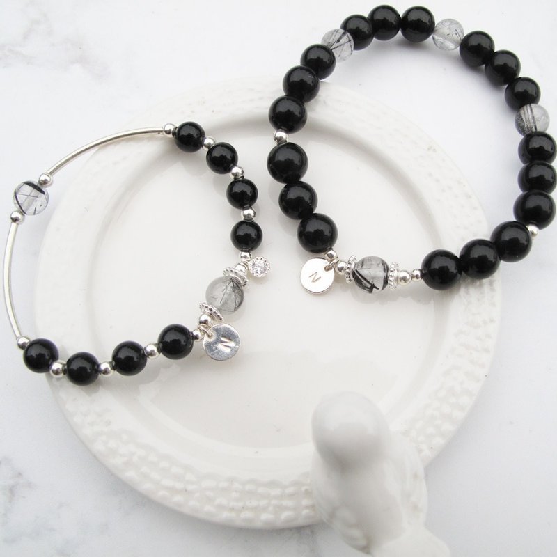 【定制水晶手串】守护 |黑曜石×黑发晶 银牌情侣对链| 大员囡仔 - 手链/手环 - 半宝石 黑色