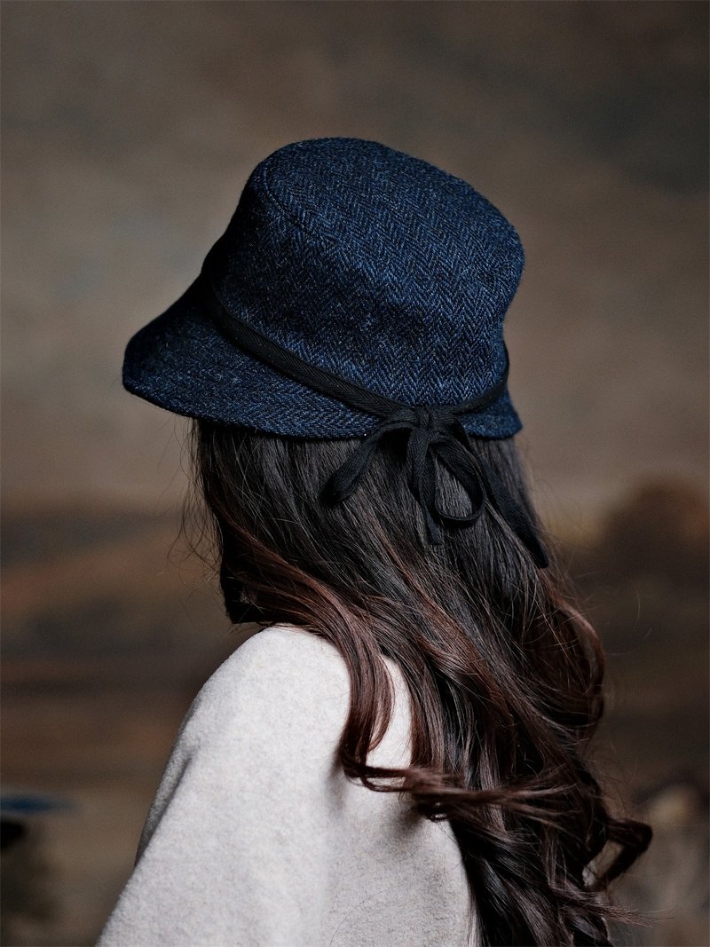 苏格兰侍女帽经典复古古典Bonnet秋冬盆帽哈里斯羊毛藏青色人字纹 - 帽子 - 其他材质 蓝色