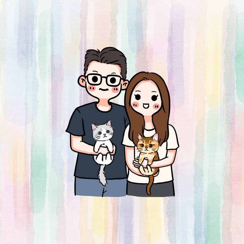 【定制似颜绘】人像 宠物 家庭 全家幅 毛孩 ⋯HG可爱风半身⋯ - 订制画像 - 其他材质 