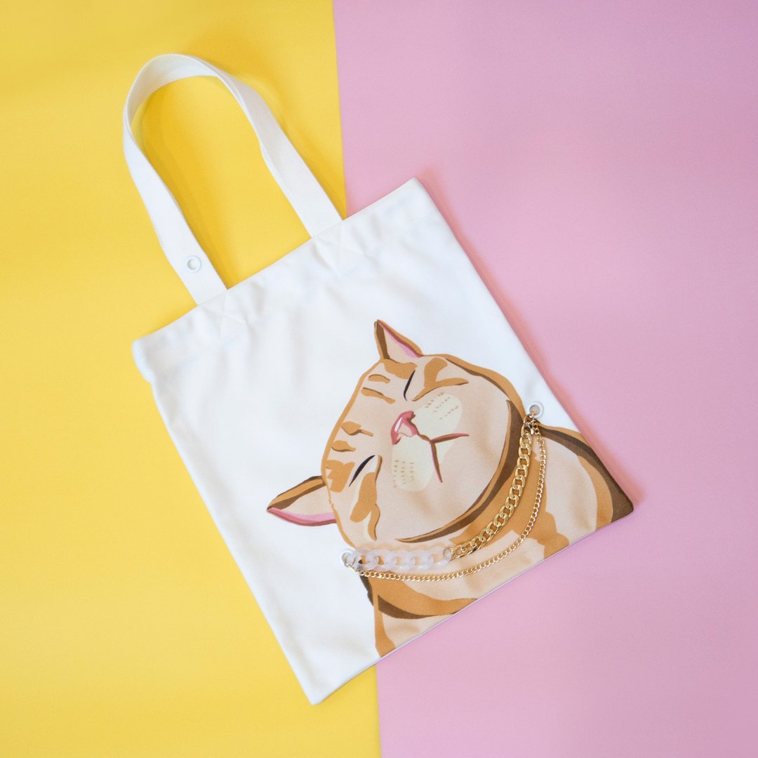 猫咪双面插画帆布包白色-胖橘猫(包链项链两用) - 手提包/手提袋 - 聚酯纤维 白色
