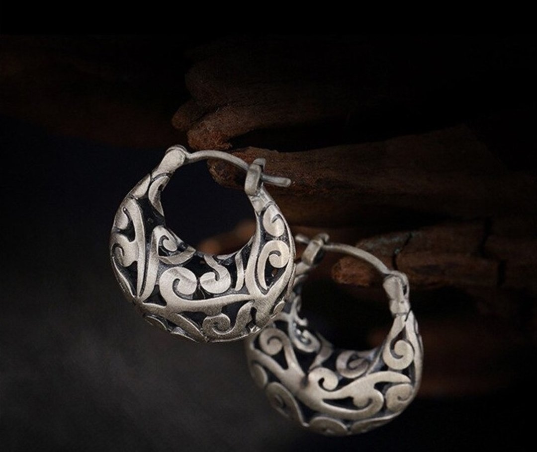 Real 999 Silver Fine Jewelry Vintage Hollow Patterns Women Exotic Dress Earrings - 耳环/耳夹 - 纯银 银色