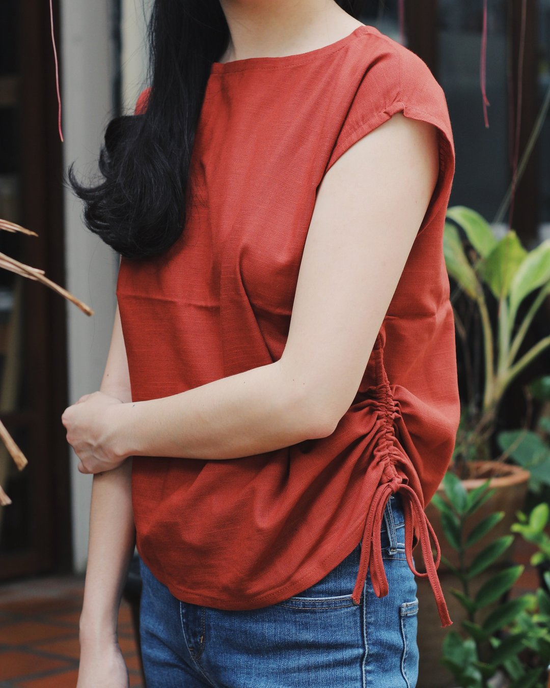 cotton side-tie tank top in Brick/Red - Kem - 女装上衣 - 棉 红色